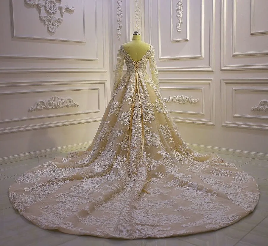 Long Sleeve Aline Wedding Dress Champagne Wedding Gown