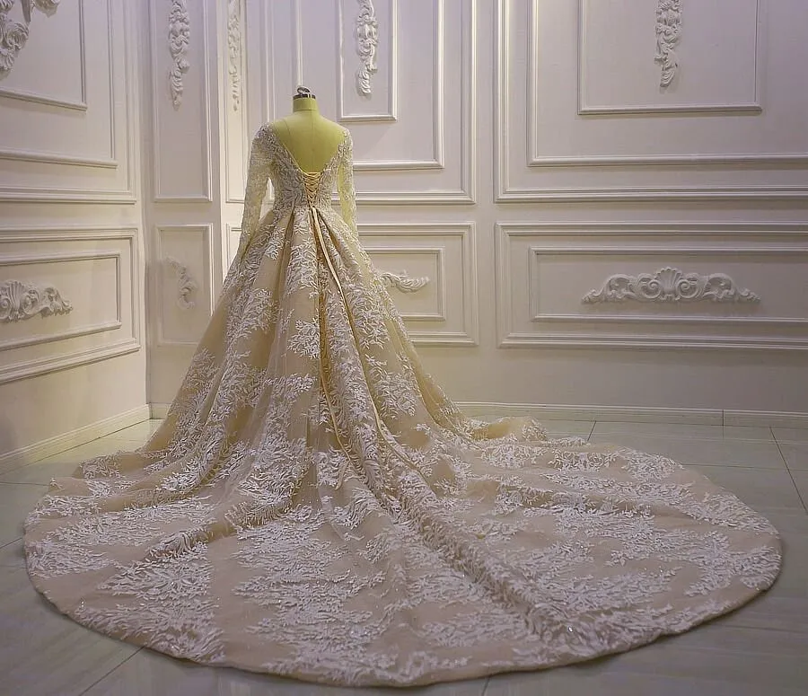 Long Sleeve Aline Wedding Dress Champagne Wedding Gown