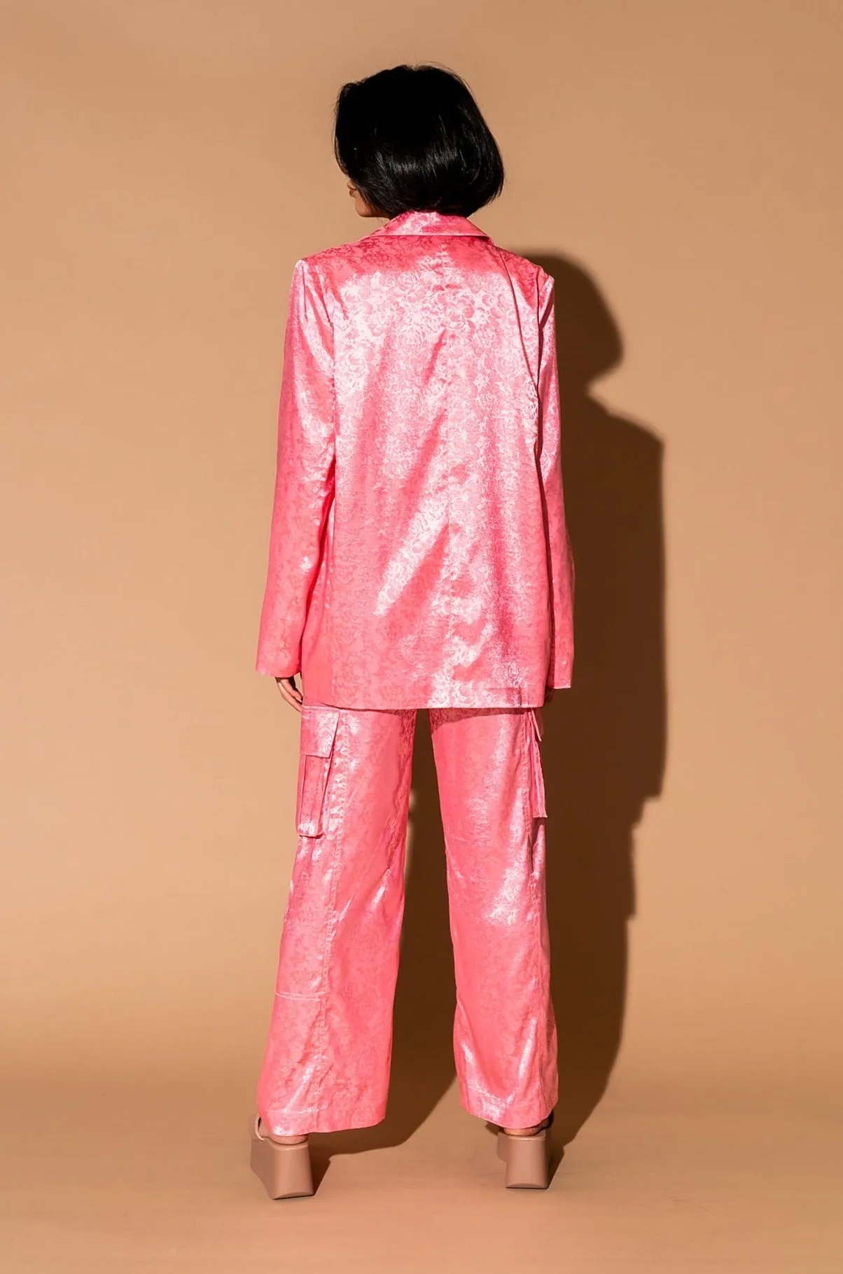 Lucky Girl Jacquard Floral Blazer   Cargo Pants Set in Coral Pink