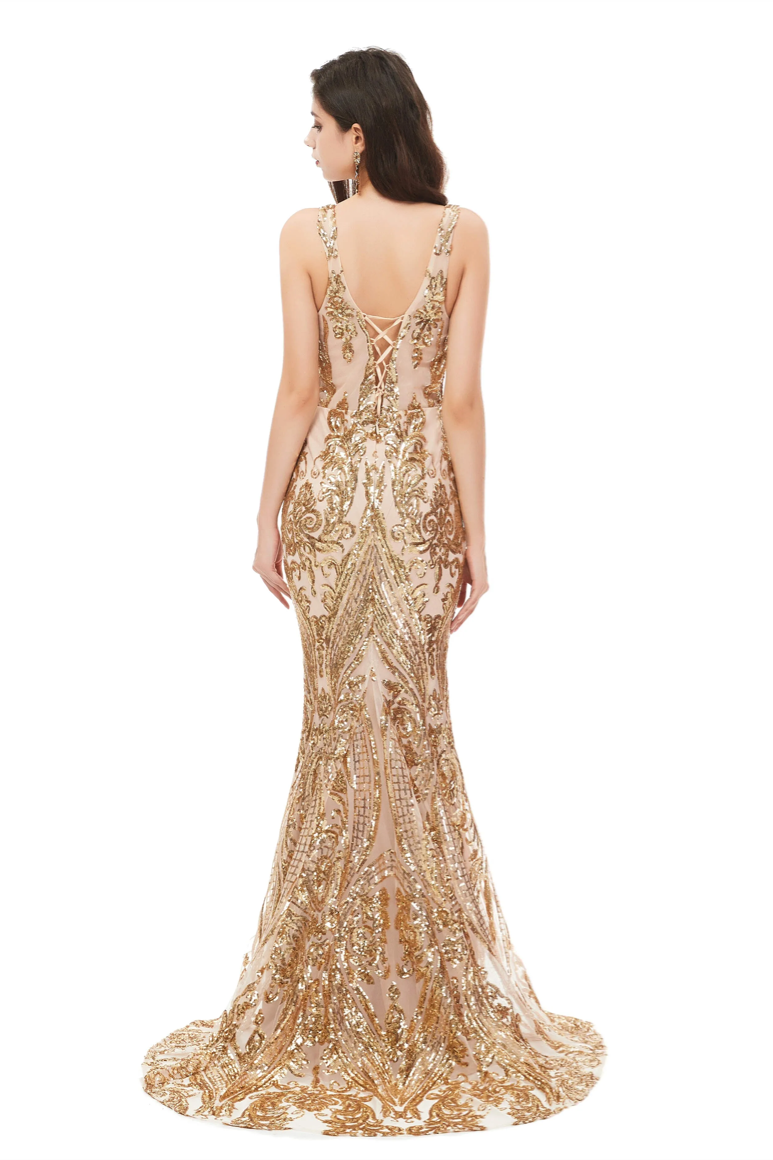 Mermaid V Neck Sleeveless Sequind Long Prom Dresses