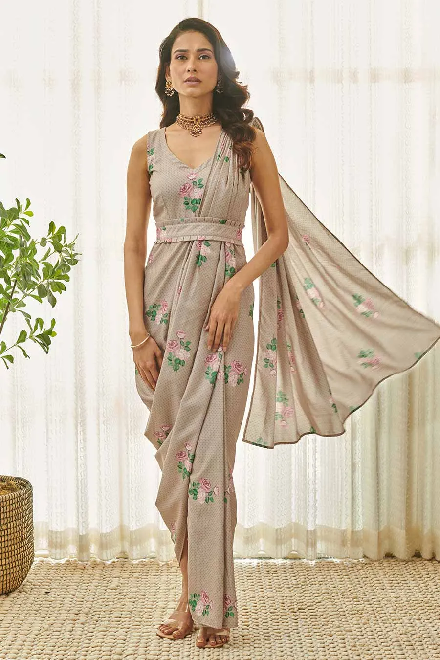 Mocha Brown Polka Dot Saree Dress & Blazer Set