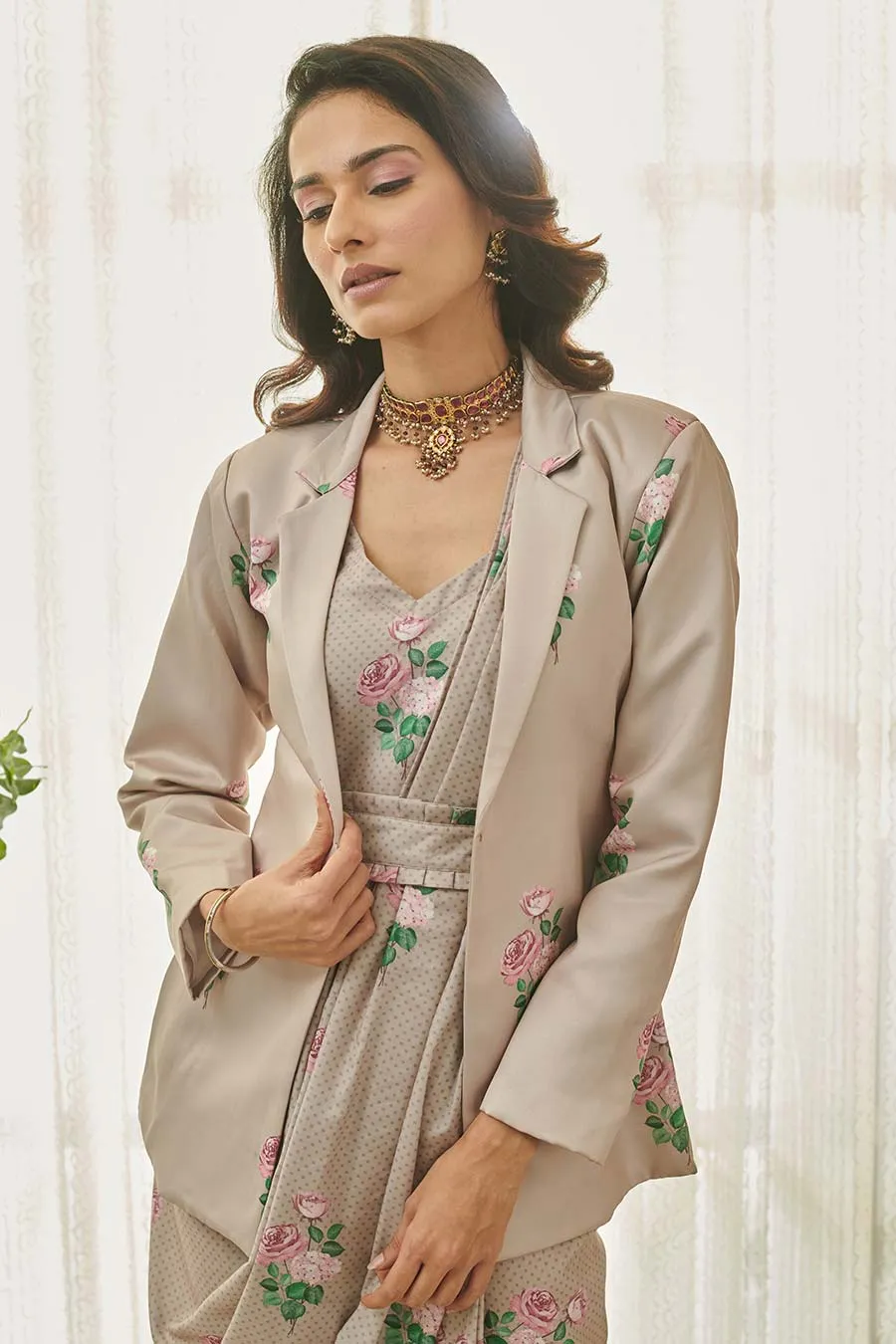 Mocha Brown Polka Dot Saree Dress & Blazer Set