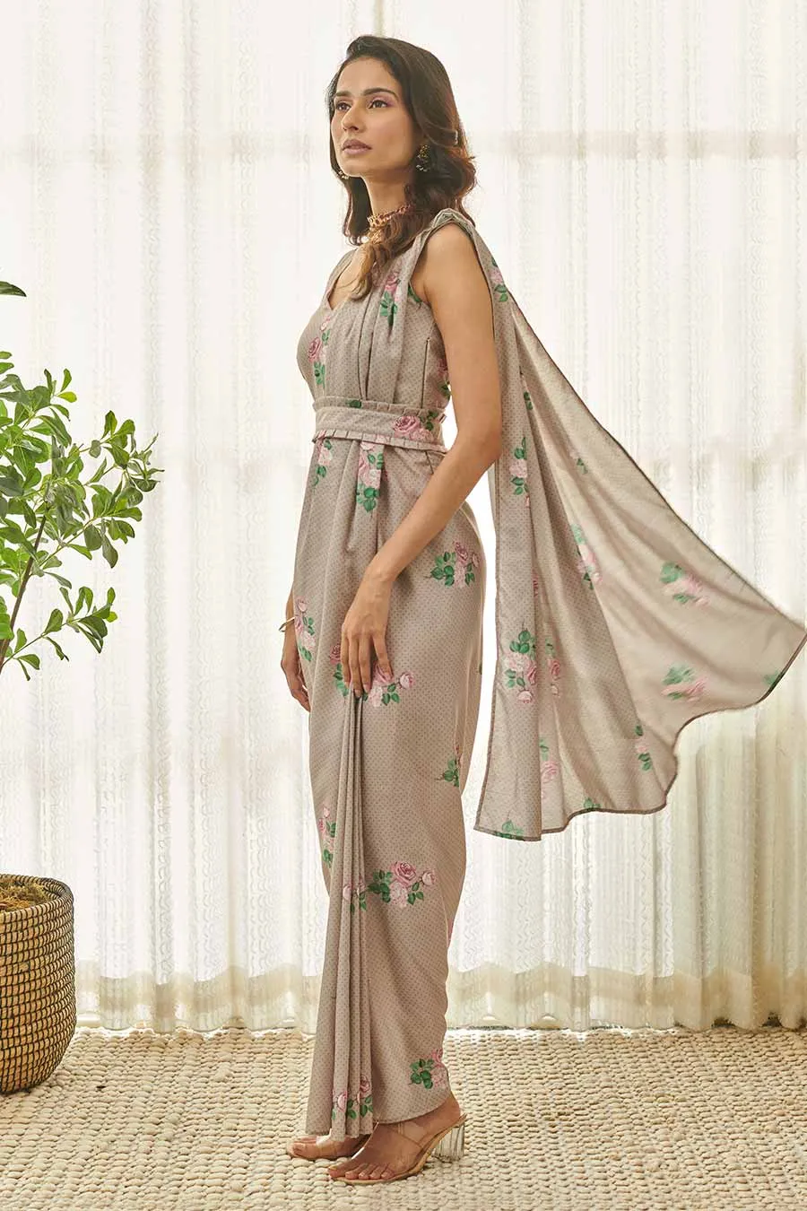 Mocha Brown Polka Dot Saree Dress & Blazer Set