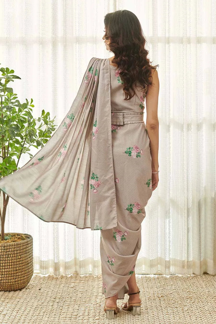 Mocha Brown Polka Dot Saree Dress & Blazer Set