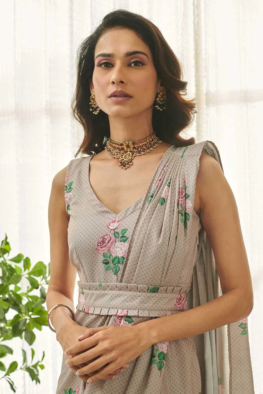 Mocha Brown Polka Dot Saree Dress & Blazer Set