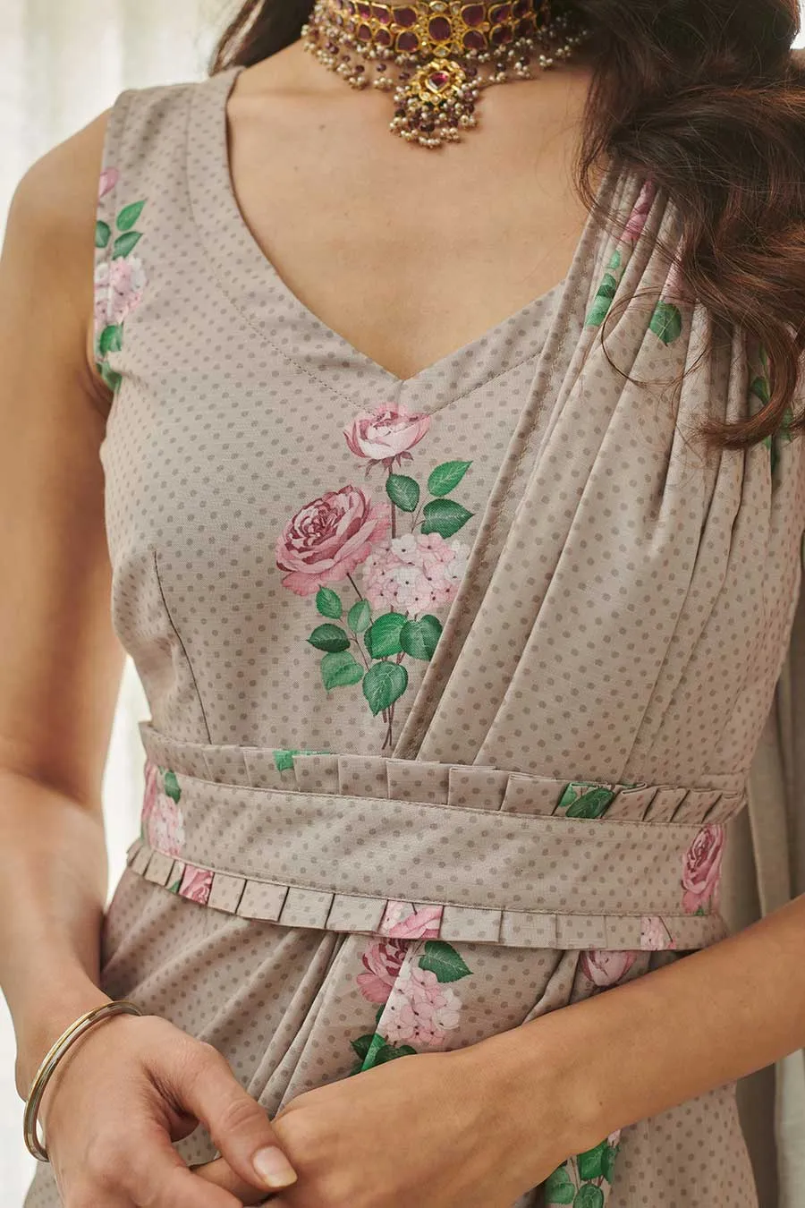 Mocha Brown Polka Dot Saree Dress & Blazer Set