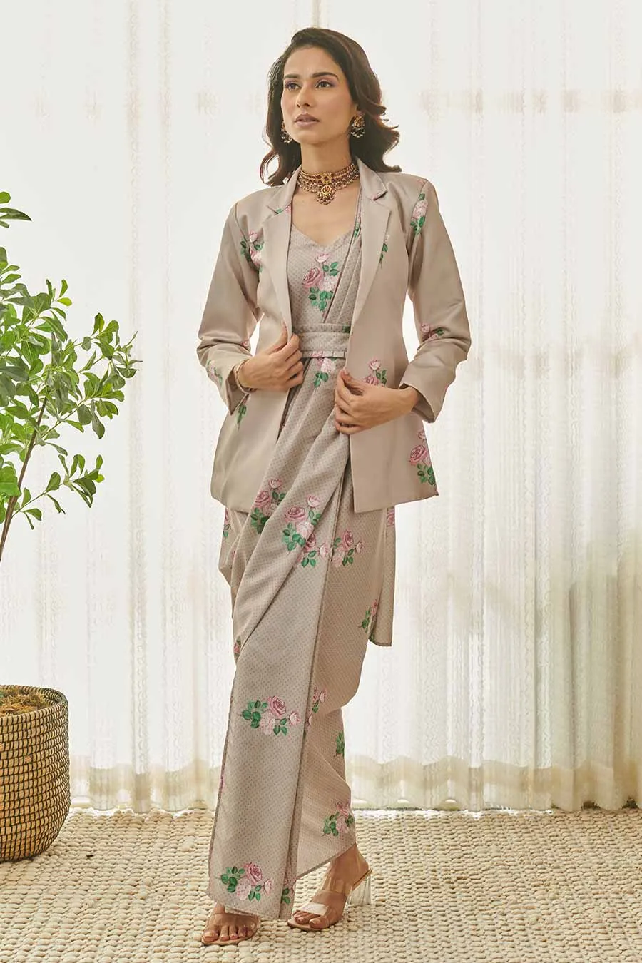 Mocha Brown Polka Dot Saree Dress & Blazer Set