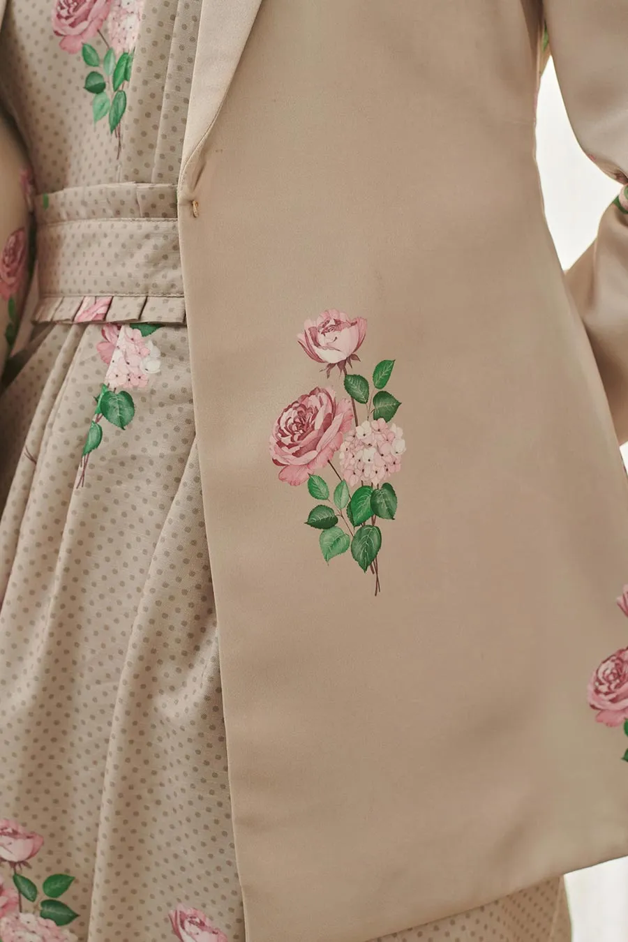 Mocha Brown Polka Dot Saree Dress & Blazer Set