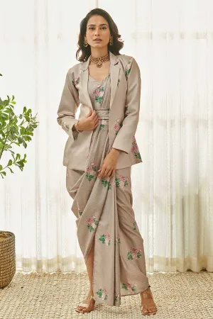 Mocha Brown Polka Dot Saree Dress & Blazer Set