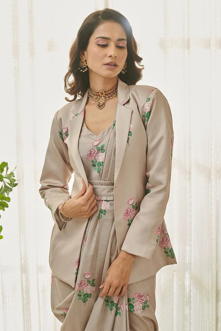 Mocha Brown Polka Dot Saree Dress & Blazer Set