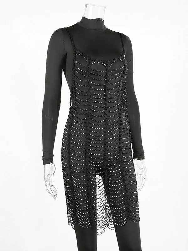 Momnfancy Black Cut Out Rhinestone Spaghetti Strap Cover-ups Photoshoot Maternity Mini Dress