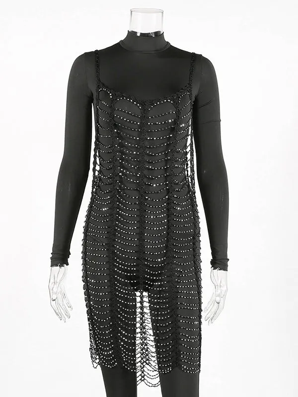 Momnfancy Black Cut Out Rhinestone Spaghetti Strap Cover-ups Photoshoot Maternity Mini Dress
