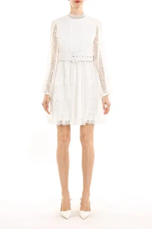 Multi Hollow Out Lace Net Belted Midi Dress