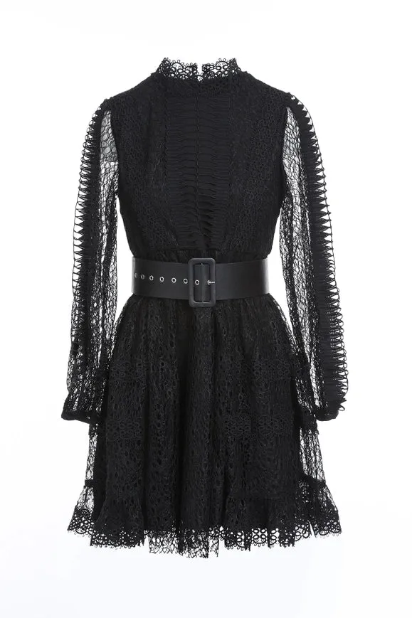 Multi Hollow Out Lace Net Belted Midi Dress