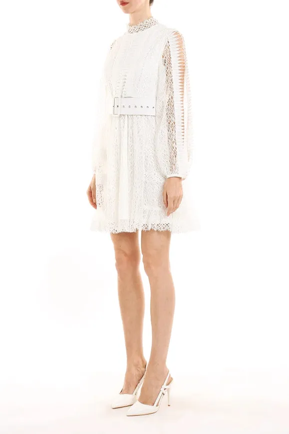 Multi Hollow Out Lace Net Belted Midi Dress