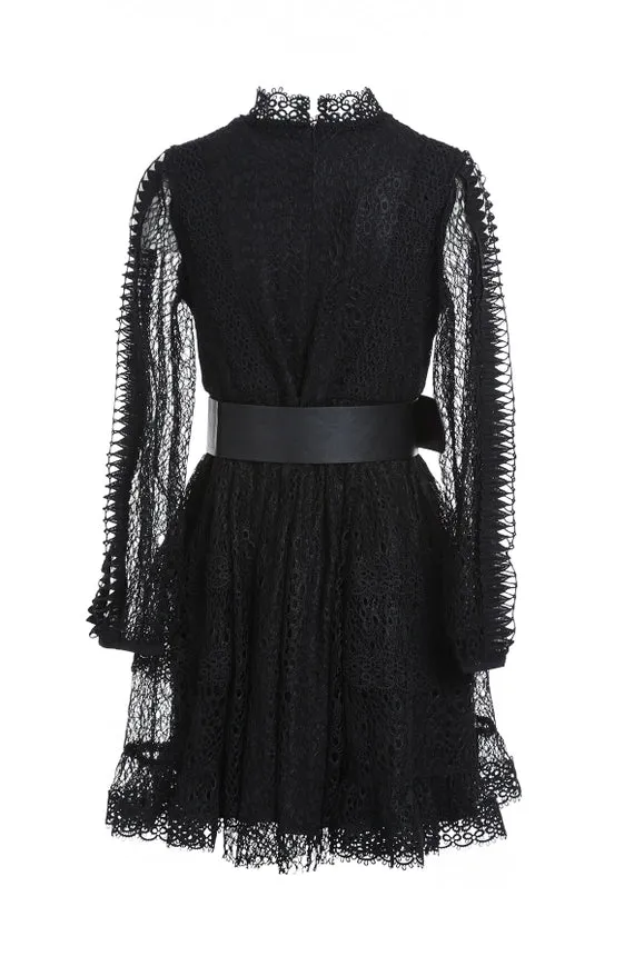 Multi Hollow Out Lace Net Belted Midi Dress