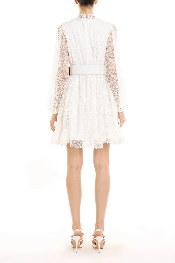 Multi Hollow Out Lace Net Belted Midi Dress
