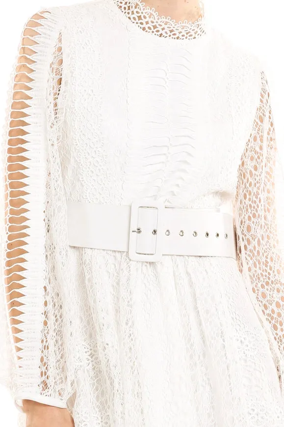 Multi Hollow Out Lace Net Belted Midi Dress