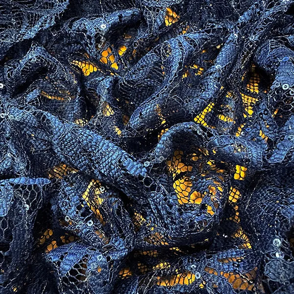 Navy Blue Embroidered Sequin Lace Fabric