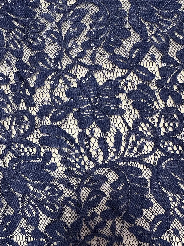 Navy Blue Embroidered Sequin Lace Fabric