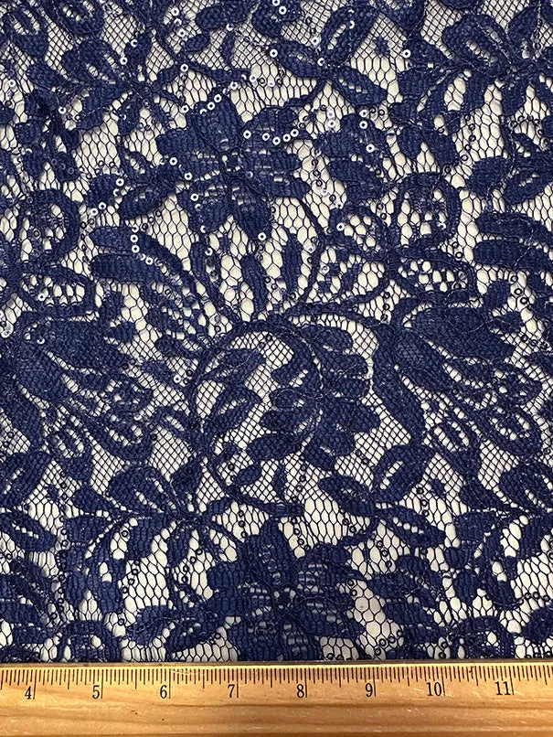 Navy Blue Embroidered Sequin Lace Fabric