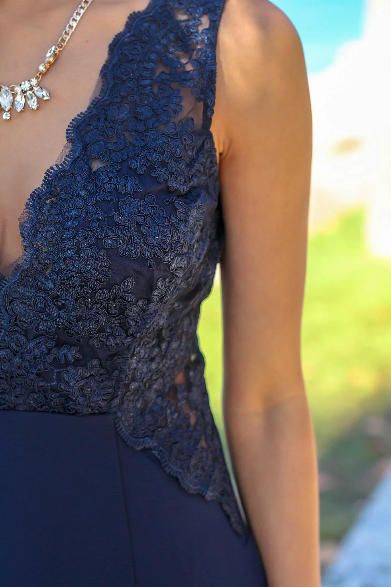 Navy Maxi Dress with Embroidered Top and Slit