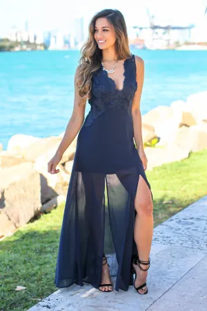 Navy Maxi Dress with Embroidered Top and Slit