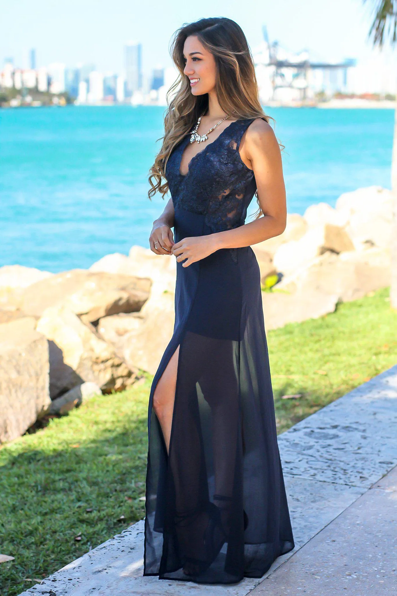 Navy Maxi Dress with Embroidered Top and Slit