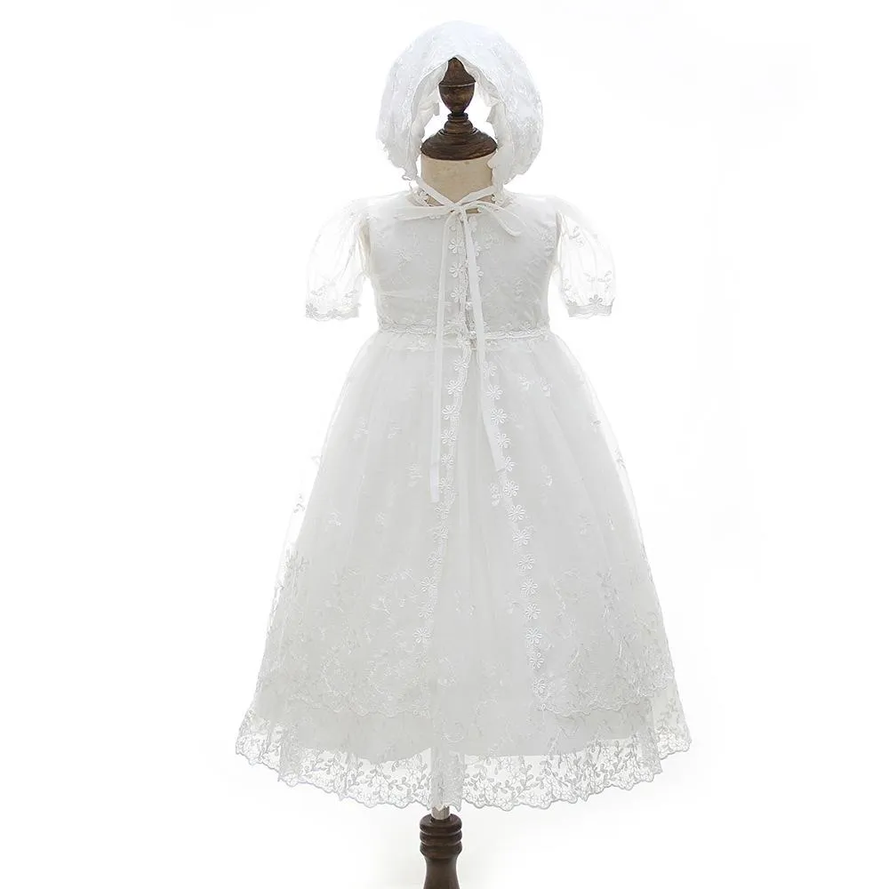 New Born Baby Girl Christening Gowns Bonnet Cape Ruffle Lace Dress