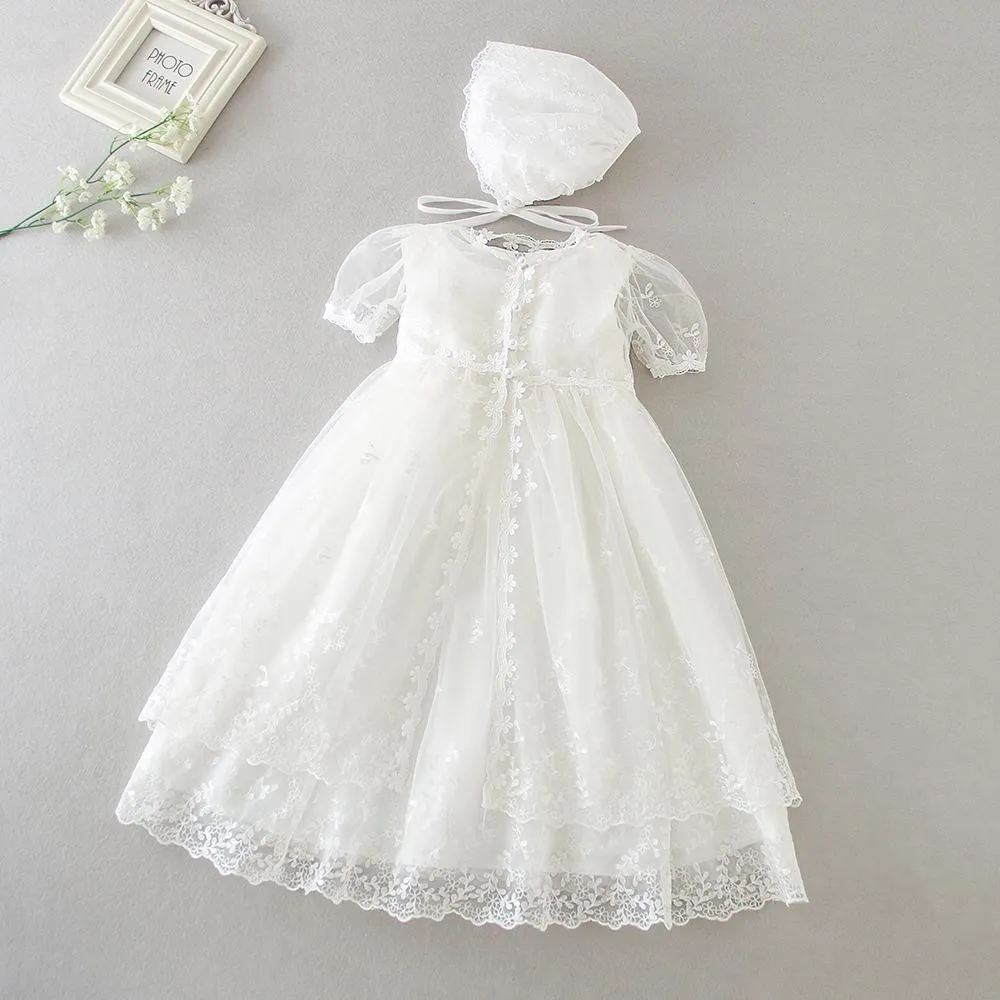 New Born Baby Girl Christening Gowns Bonnet Cape Ruffle Lace Dress