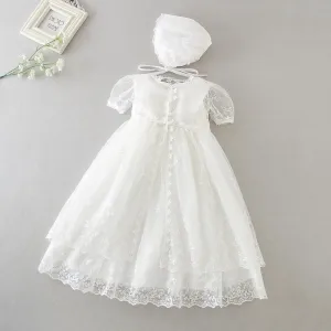 New Born Baby Girl Christening Gowns Bonnet Cape Ruffle Lace Dress
