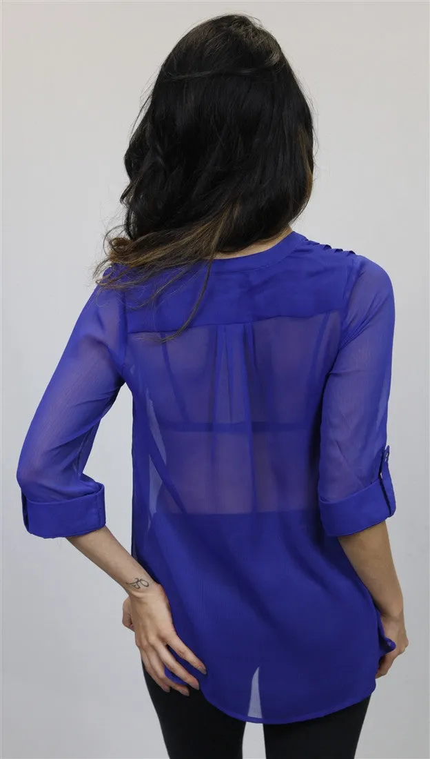 Olive & Oak Pleated V-neck Blouse in Royal Blue