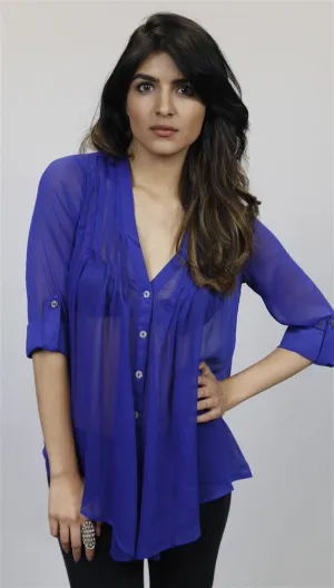 Olive & Oak Pleated V-neck Blouse in Royal Blue