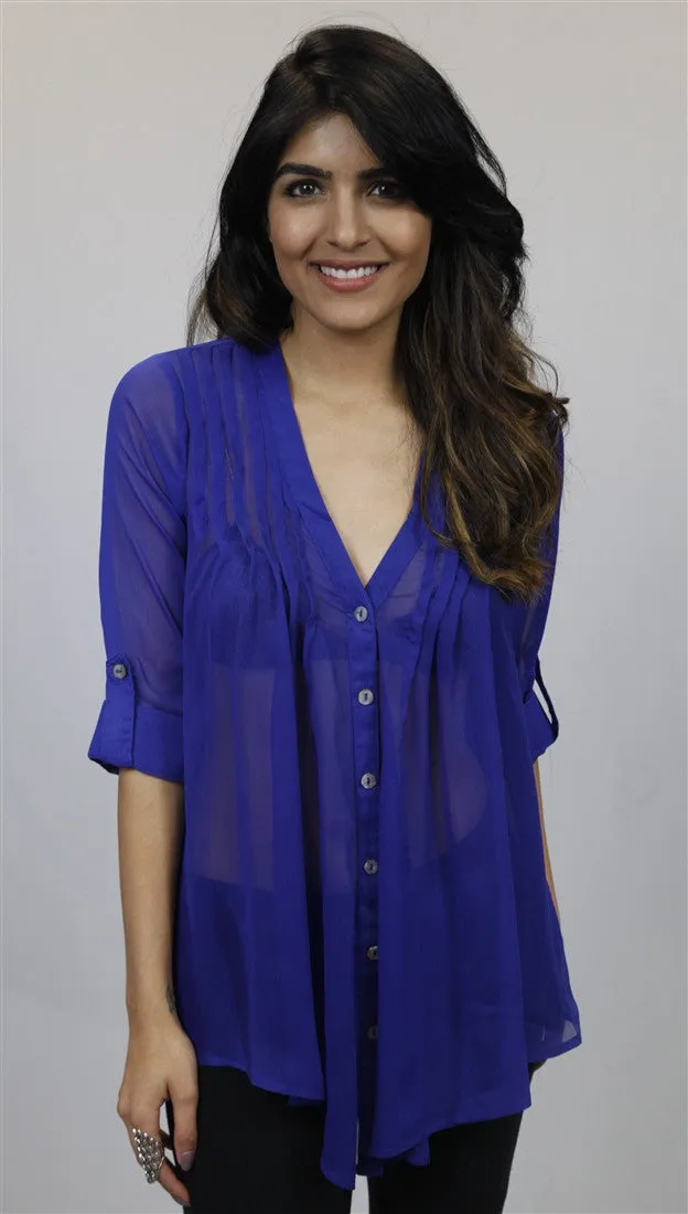 Olive & Oak Pleated V-neck Blouse in Royal Blue