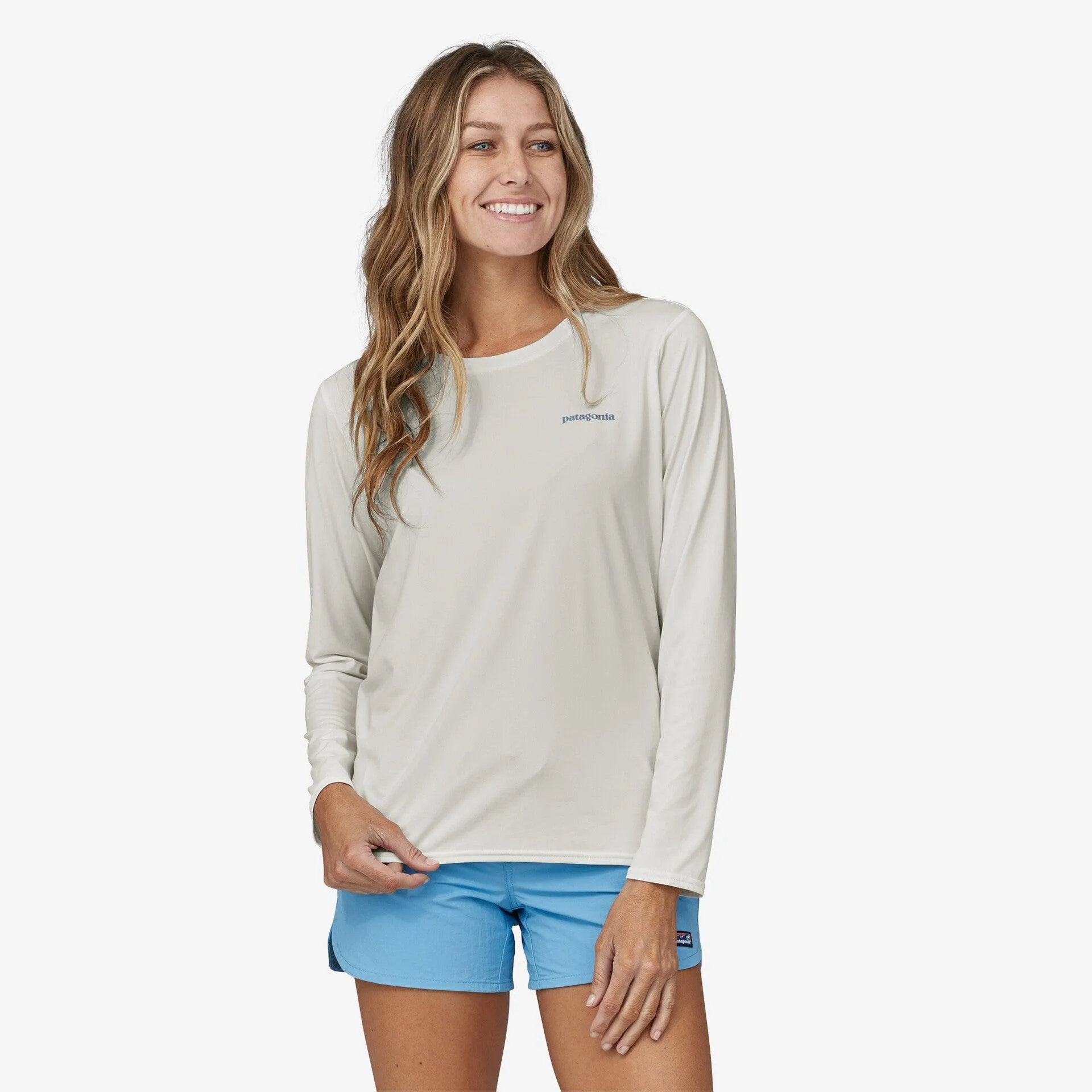 Patagonia Long-Sleeved Capilene Cool Daily Graphic Shirt - Waters Boardshort Logo Light Plume Grey: White