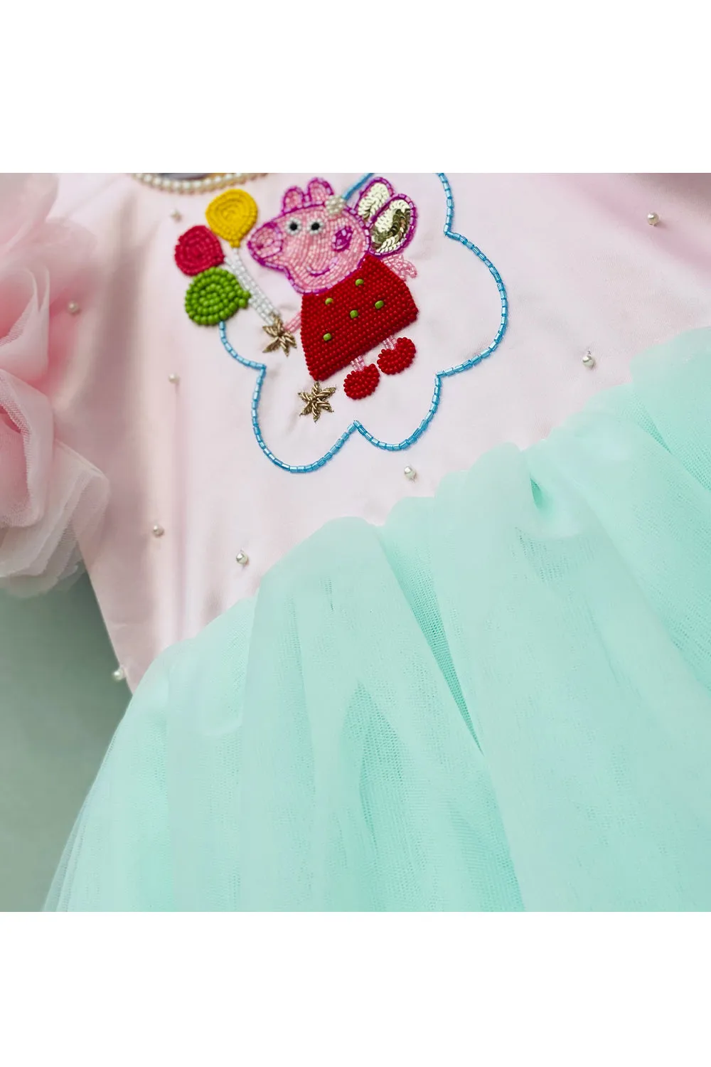 Peppa embroidered pink and blue high low gown
