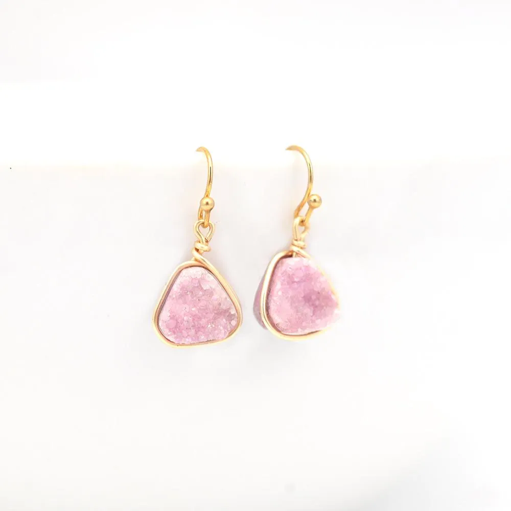 Pink Druzy Trillion Earrings