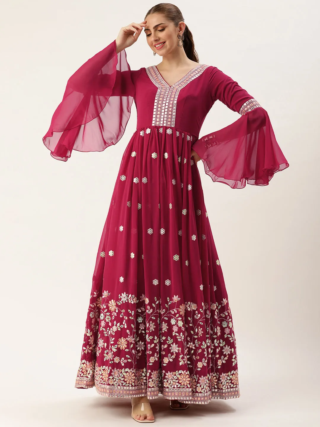 Pink Georgette Full Sleeve Embroidered Gown