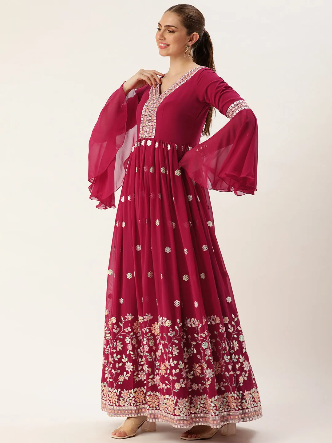 Pink Georgette Full Sleeve Embroidered Gown