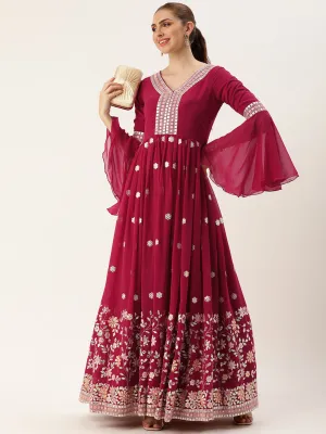 Pink Georgette Full Sleeve Embroidered Gown