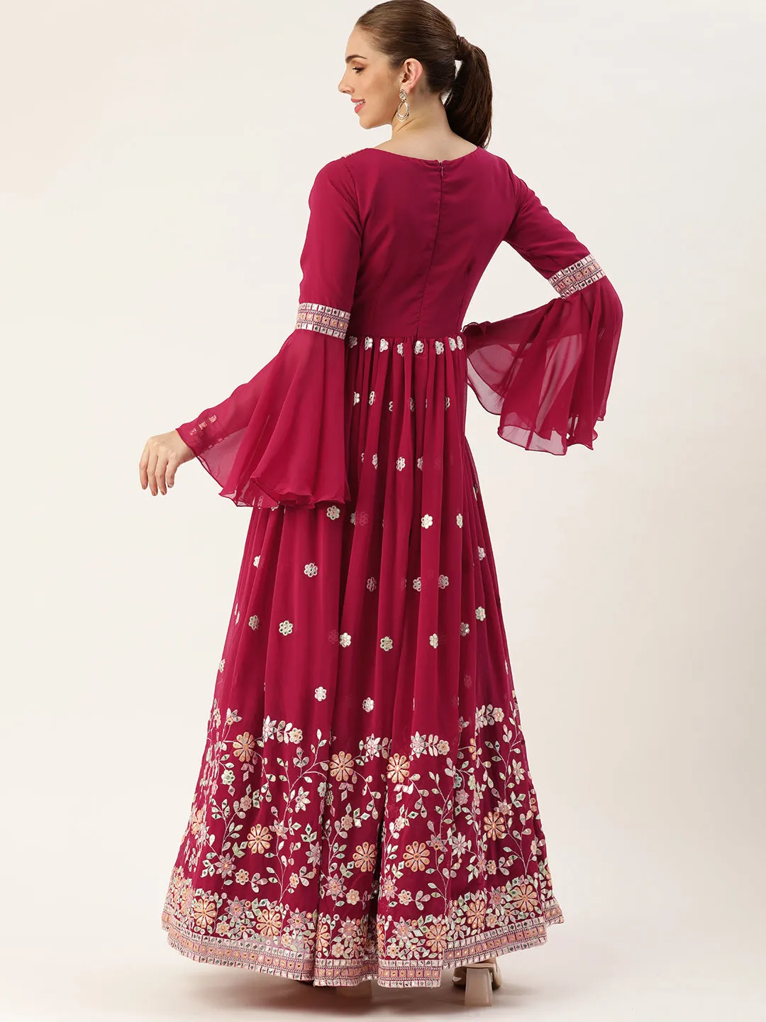 Pink Georgette Full Sleeve Embroidered Gown