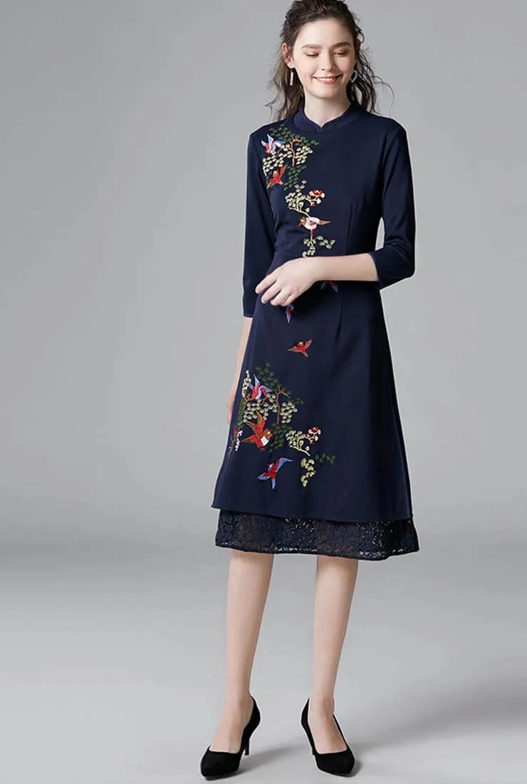 Plus Size Lace Trim Floral Embroidered Cheongsam Dress
