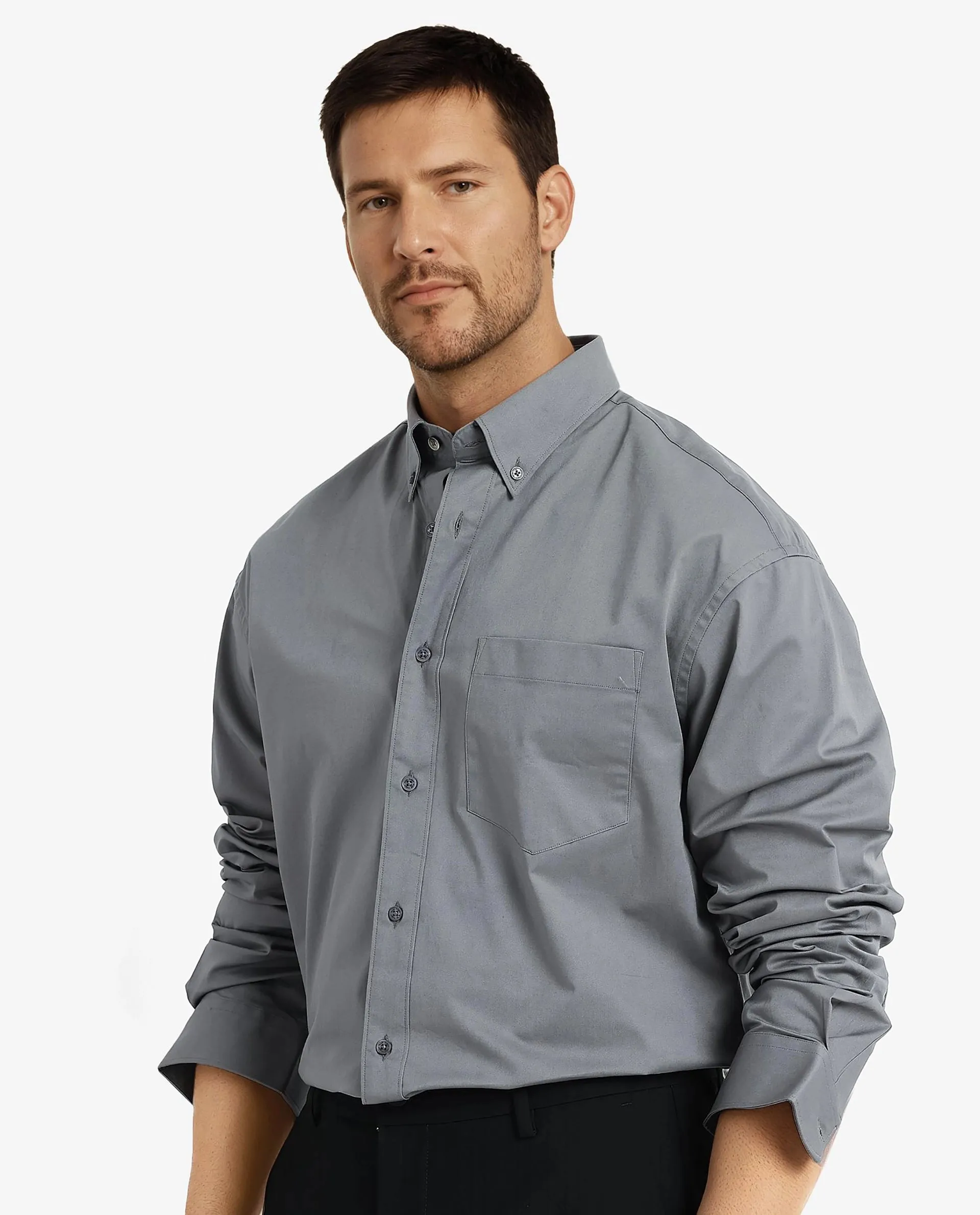 Rare Rabbit Men's Zord Grey Cotton Fabric Full Sleeves Collared Neck Plain Boxy Fit Shirt