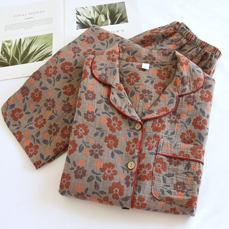 Red Floral Cotton Gauze Pajama Set