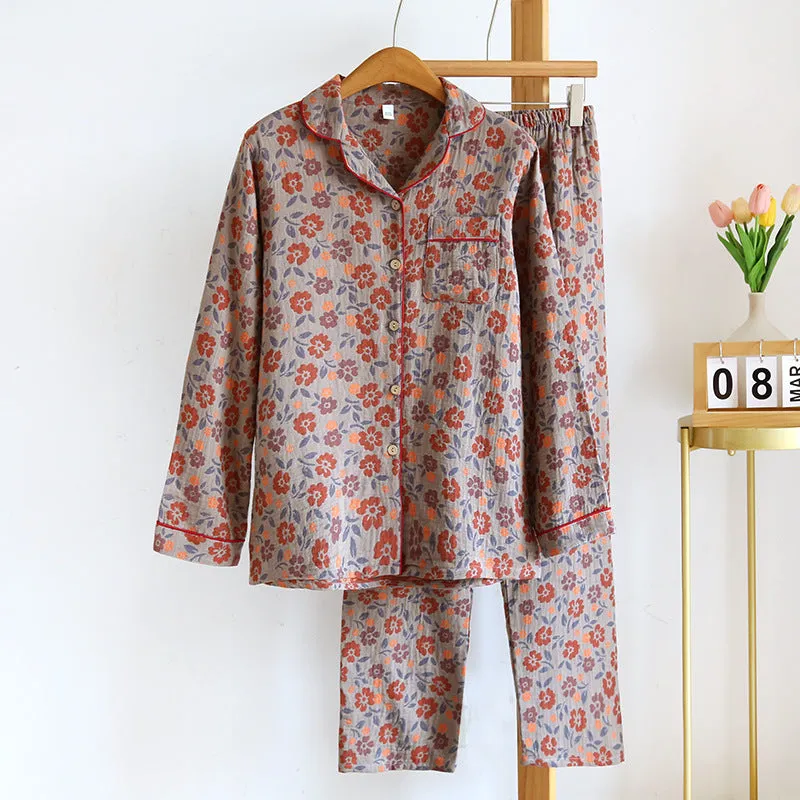 Red Floral Cotton Gauze Pajama Set