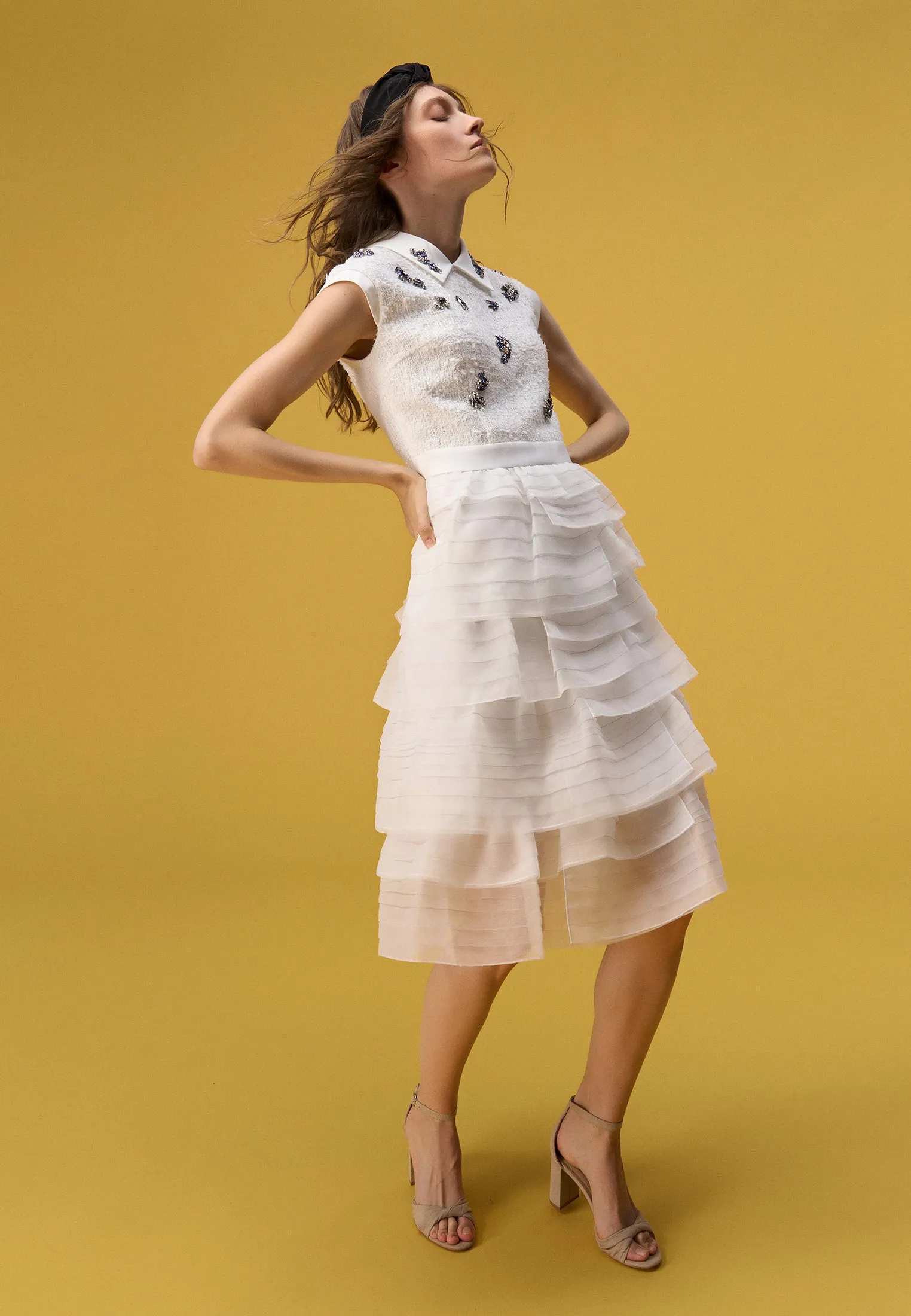 Rhinestone Embellished Tweed Organza-detailing Cocktail Dress