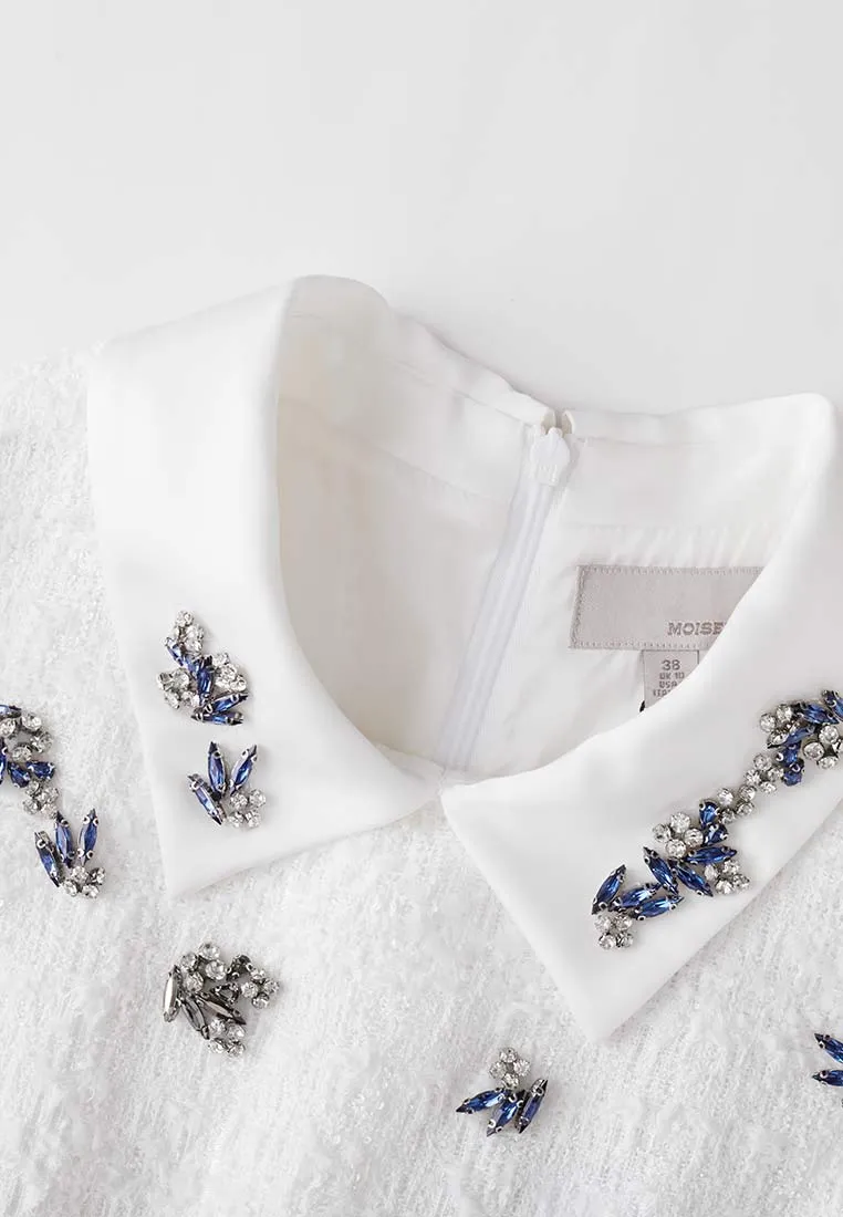 Rhinestone Embellished Tweed Organza-detailing Cocktail Dress