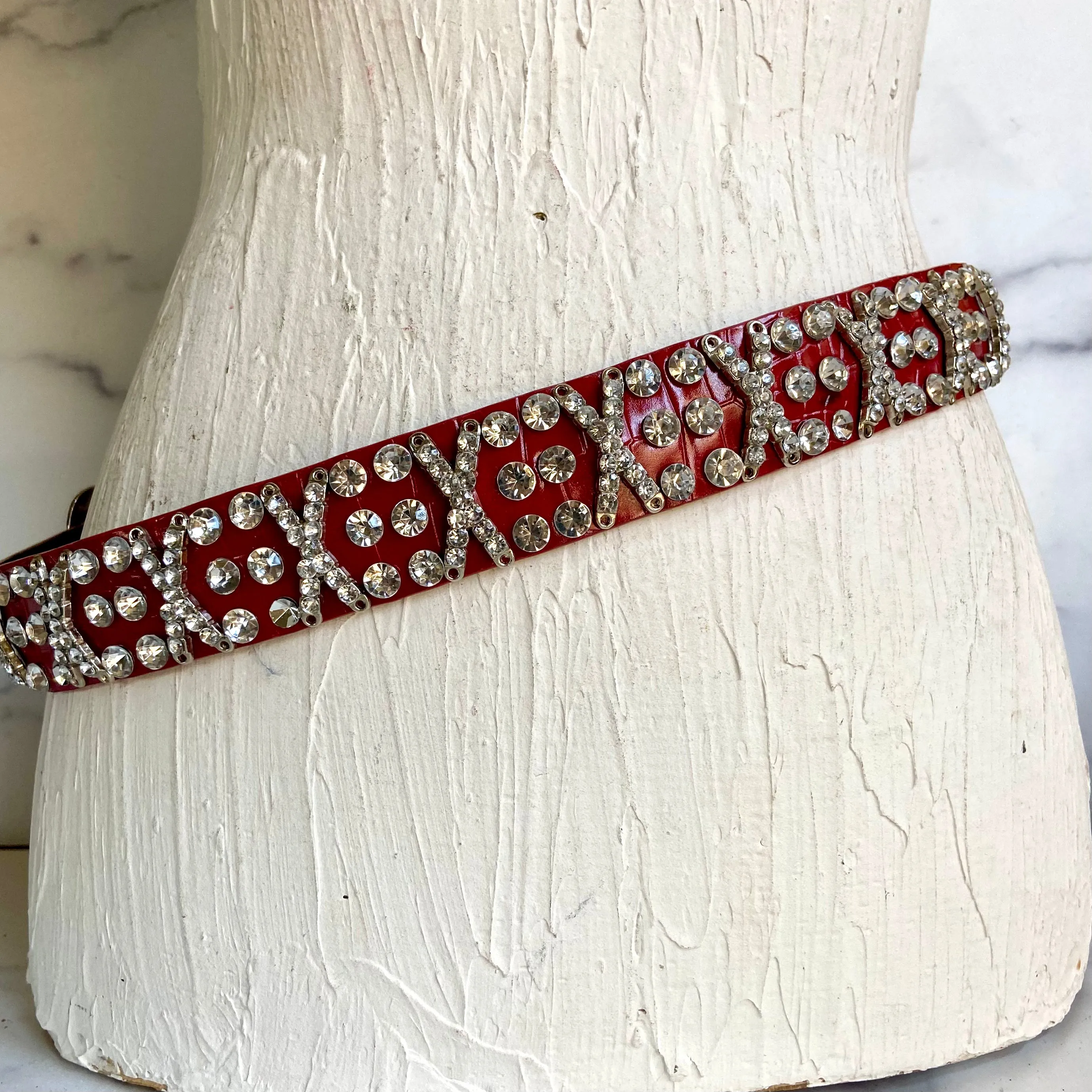 Rhinestone red leather belt