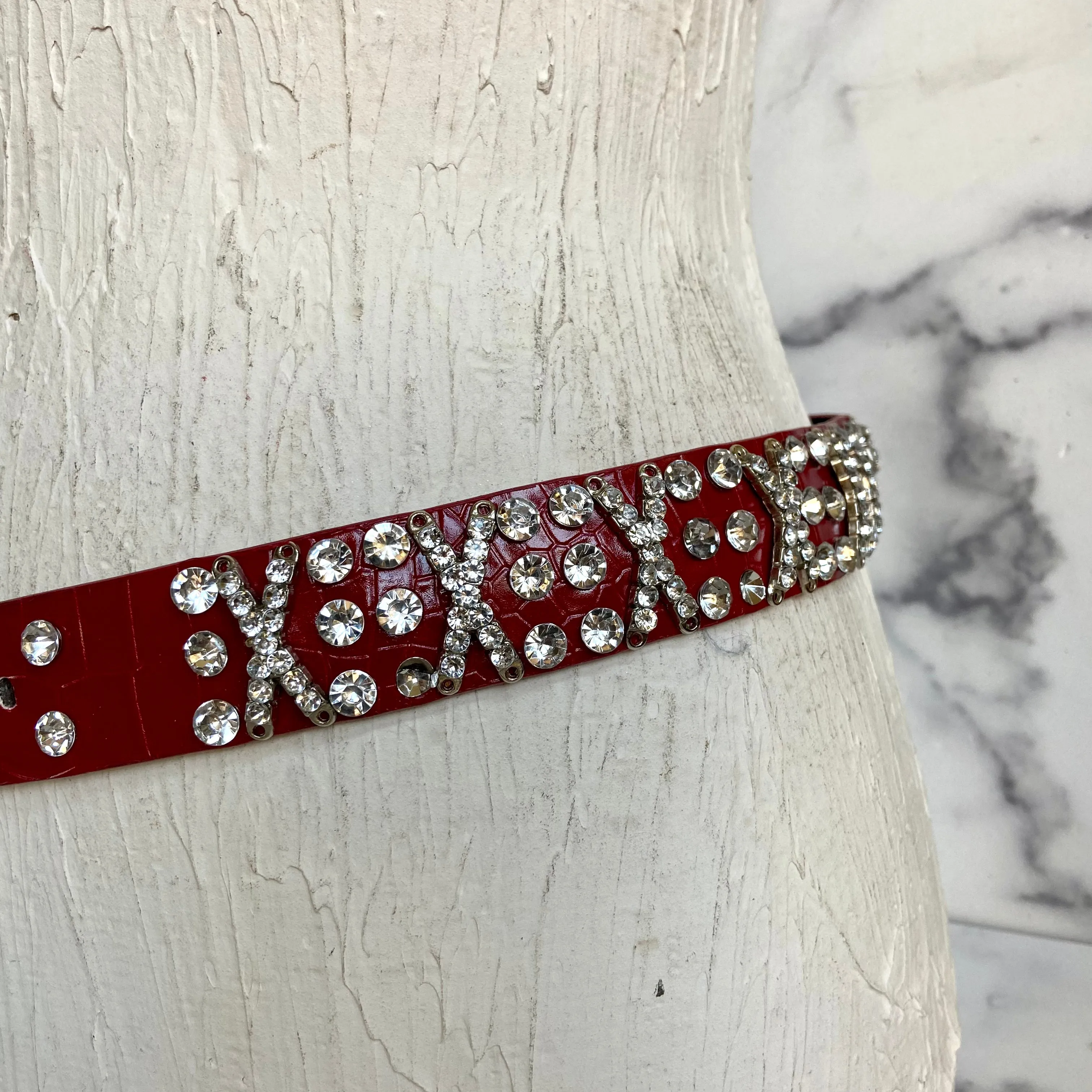 Rhinestone red leather belt