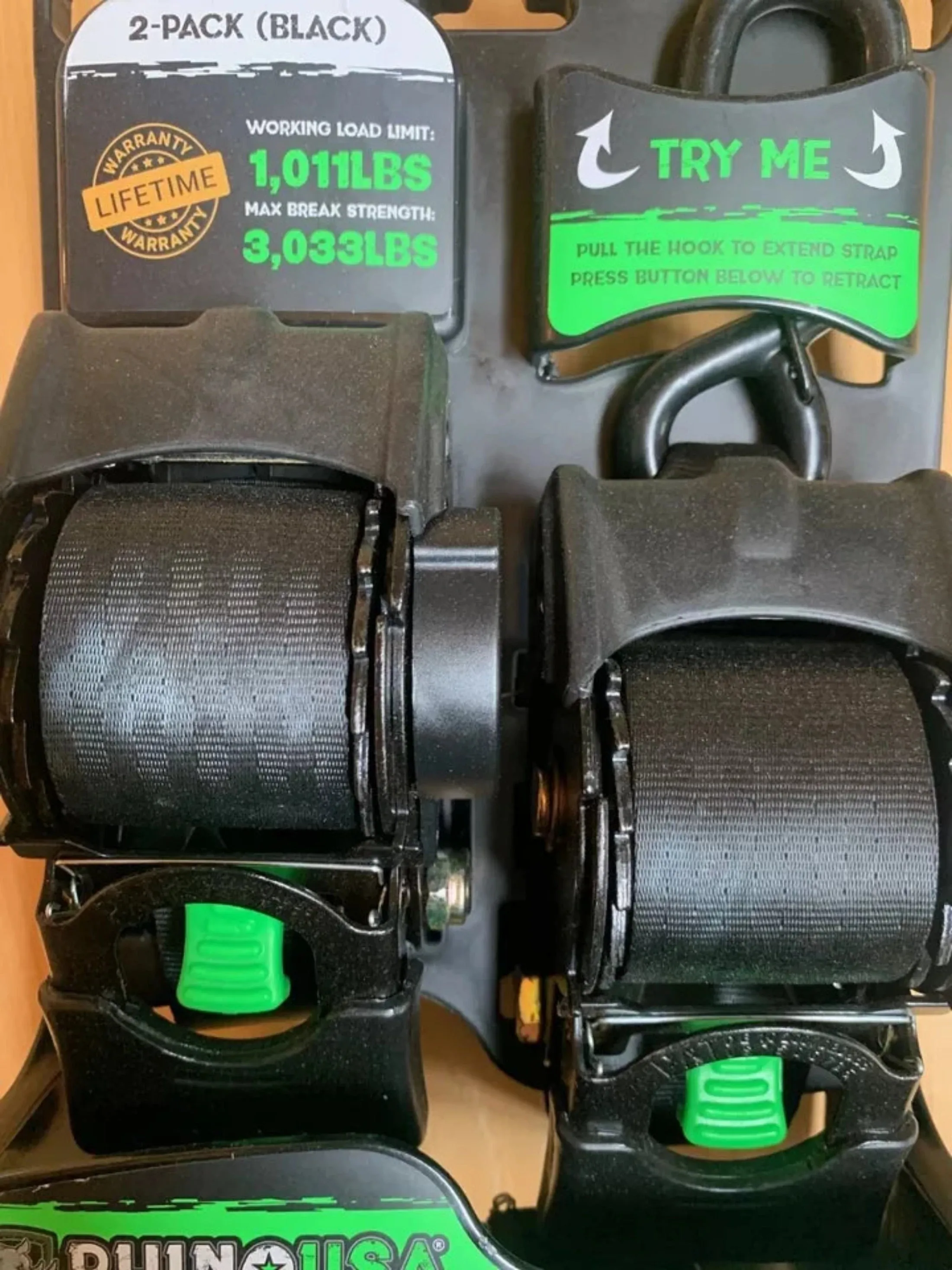 Rhino TD-RSRE2X10-BLK-R 2-Count Pack of Black Retractable 2" Inch x 10' Ft. Ratchet Straps